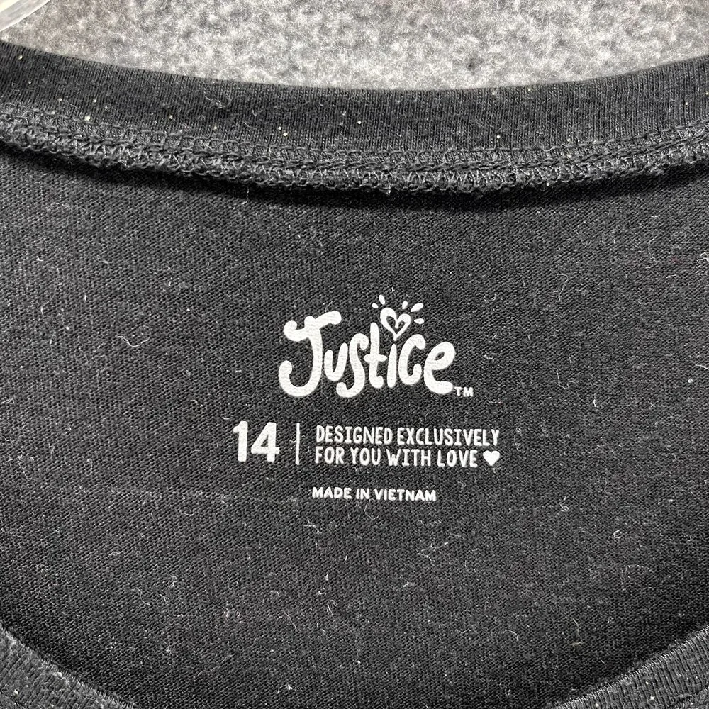Justice Top Girls 14 Black Gold Smile‎ Face short Sleeve stretch T-Shirt